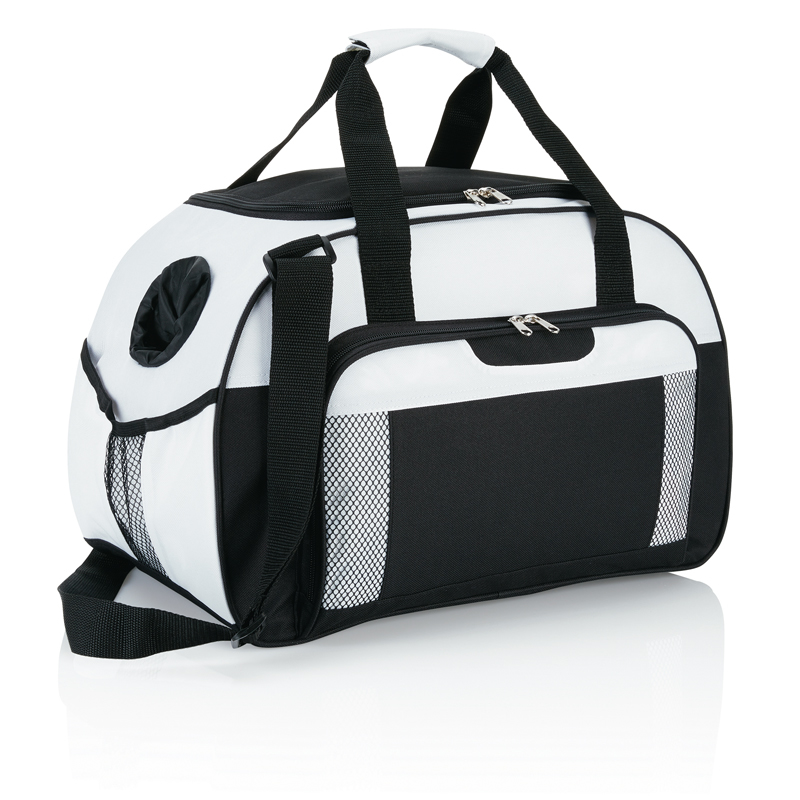 white and black holdall weekend bag
