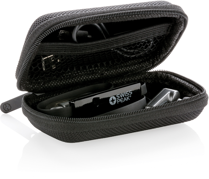 Swiss Peak Earbuds inside storage case