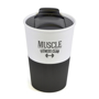 White reusable coffee tumbler with black silicone bottom half and matching black sliding lid.
