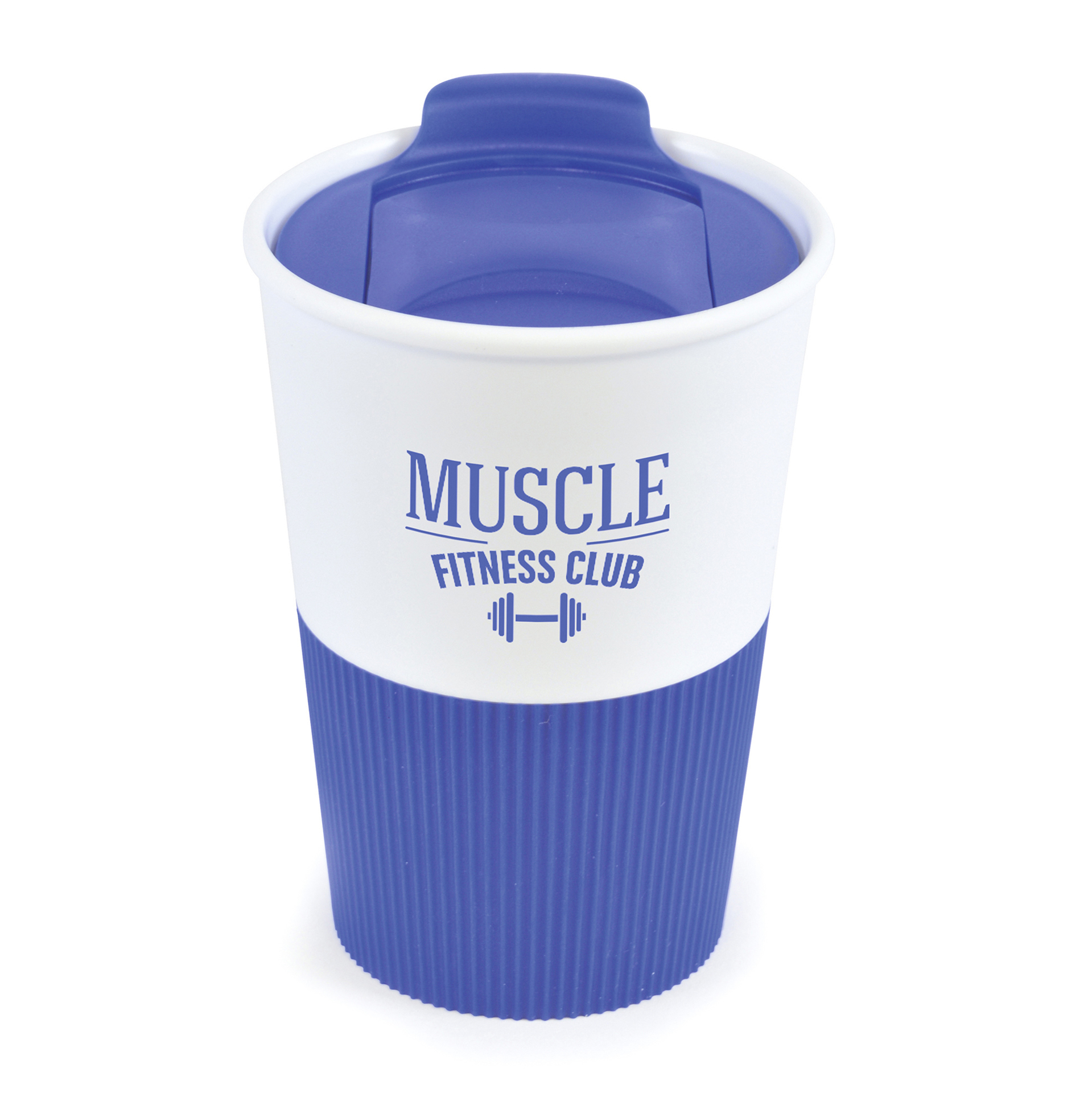 350ml double walled coffee cup in blue with white branding area