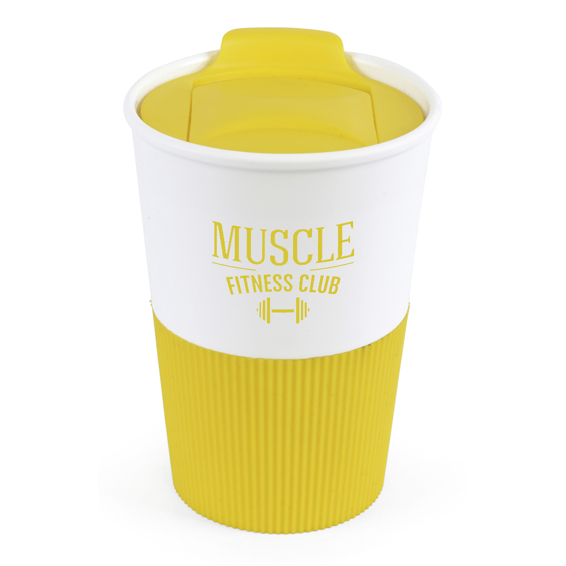 Take out mug with yellow base and lid and white panel to the top for printing a logo