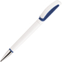 blue and white ball pen with large printing area for a company logo