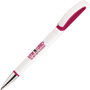 White plastic bodied pen with pink trim and a company logo printed on the barrel