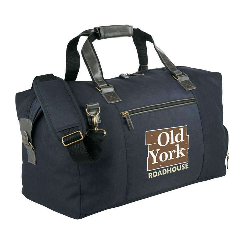 Capitol Duffel in navy and black leather handles and 4 colour print logo