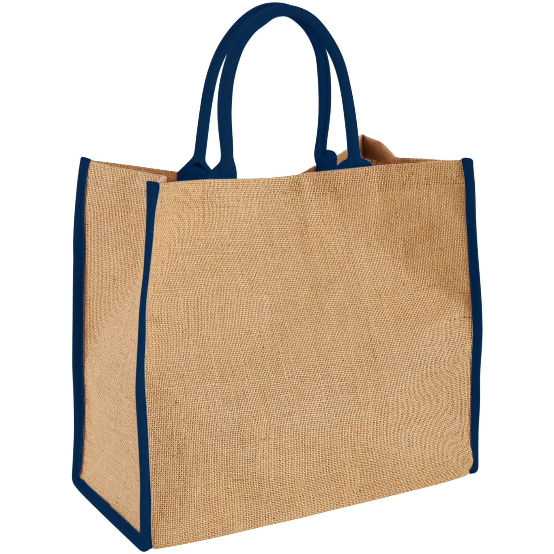 Natural jute bag with blue trim and handles
