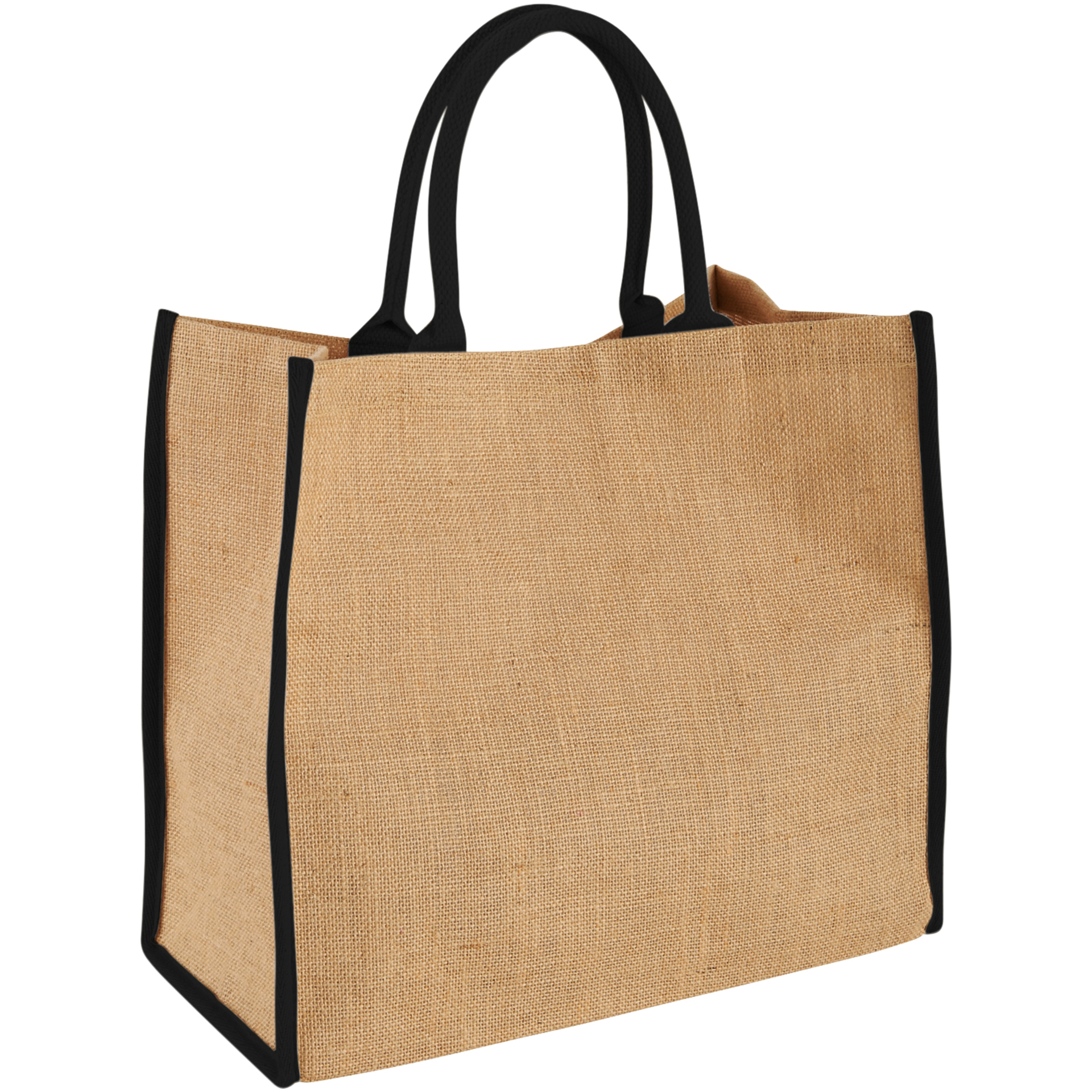 Natural shopping bag in jute fabric with black short handles and piping