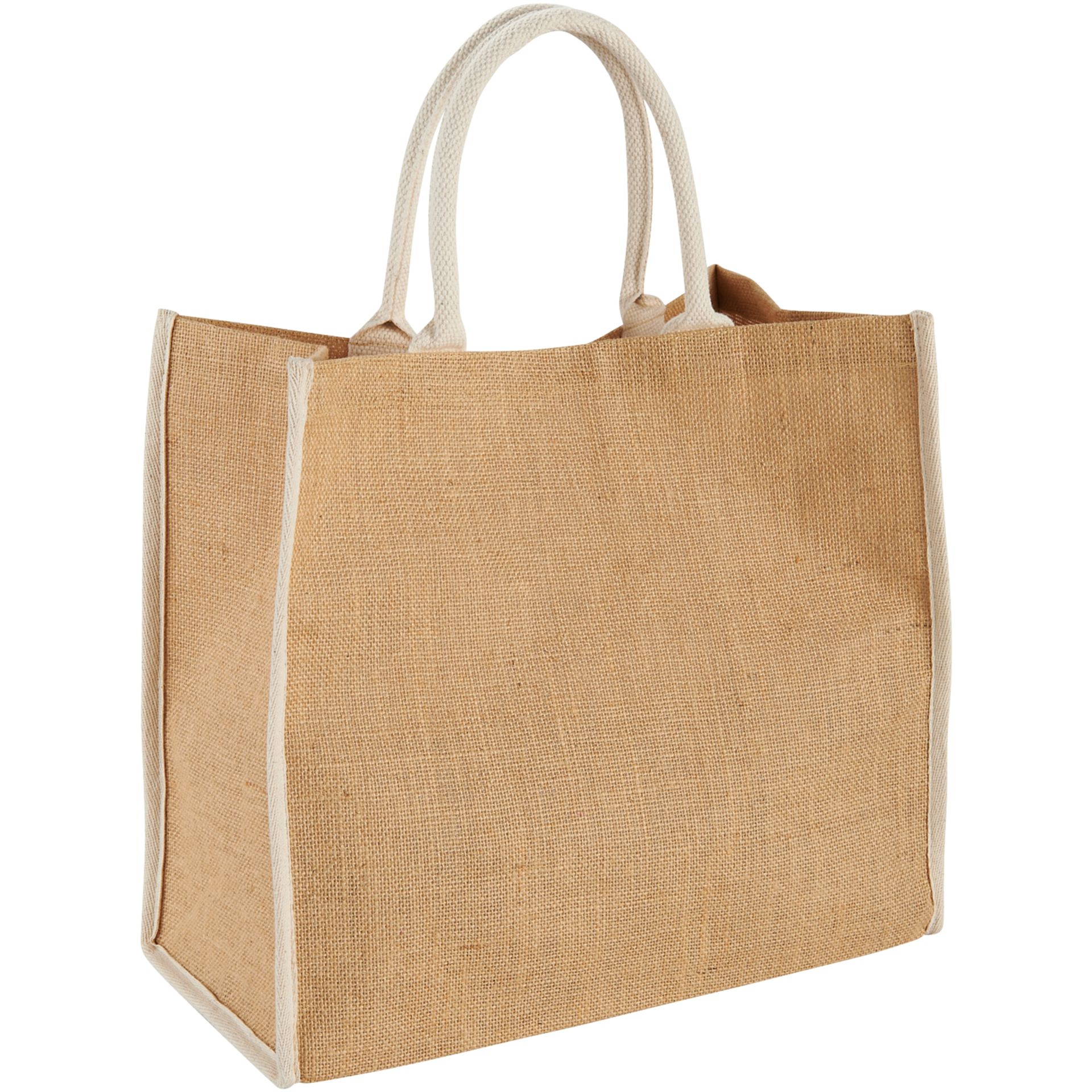 Jute shopper with white handles and matching edge trim