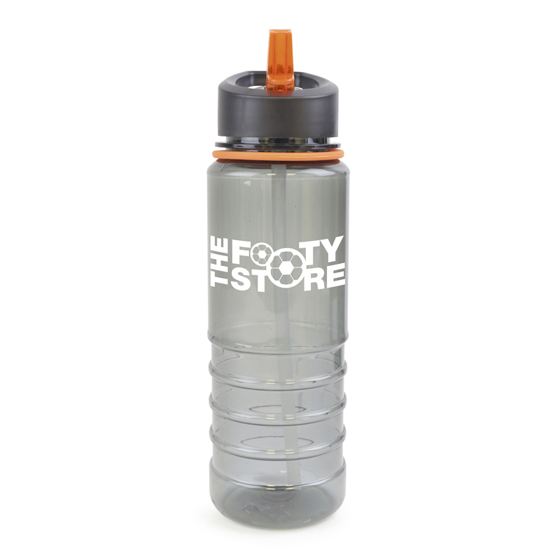 Translucent grey 800ml drinks bottle with built in drinking straw and orange trim