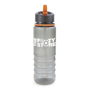 Translucent grey 800ml drinks bottle with built in drinking straw and orange trim