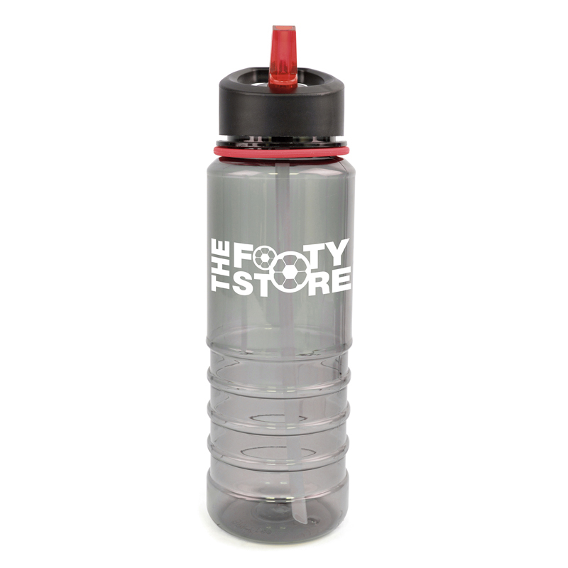 800ml plastic sports bottle in translucent grey with red straw and trim, ribbed bottom with smooth top to allow for a printed logo