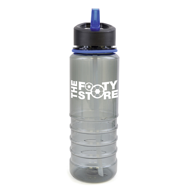 Promotional reusable bottle in dark grey with blue straw and trim detail