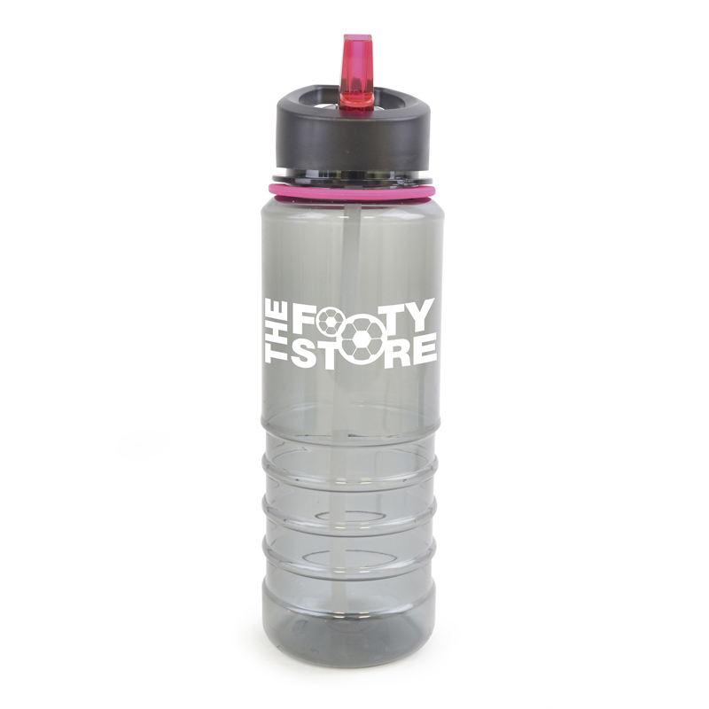 Translucent smoke 800ml drinking bottle with built in straw in pink and matching trim