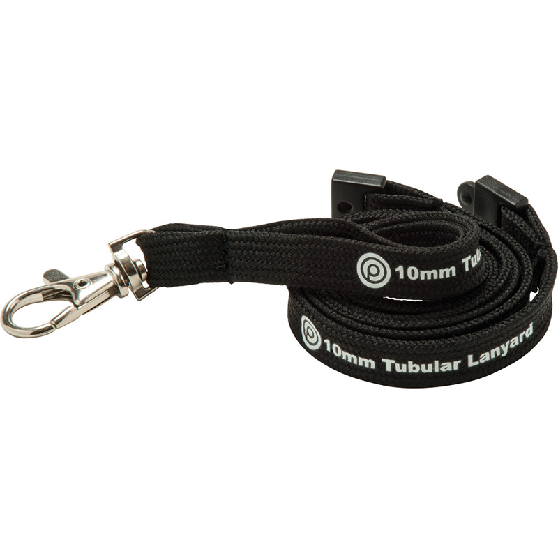 black 10mm tubular lanyard with 1 colour branding, black safety break and silver trigger clip