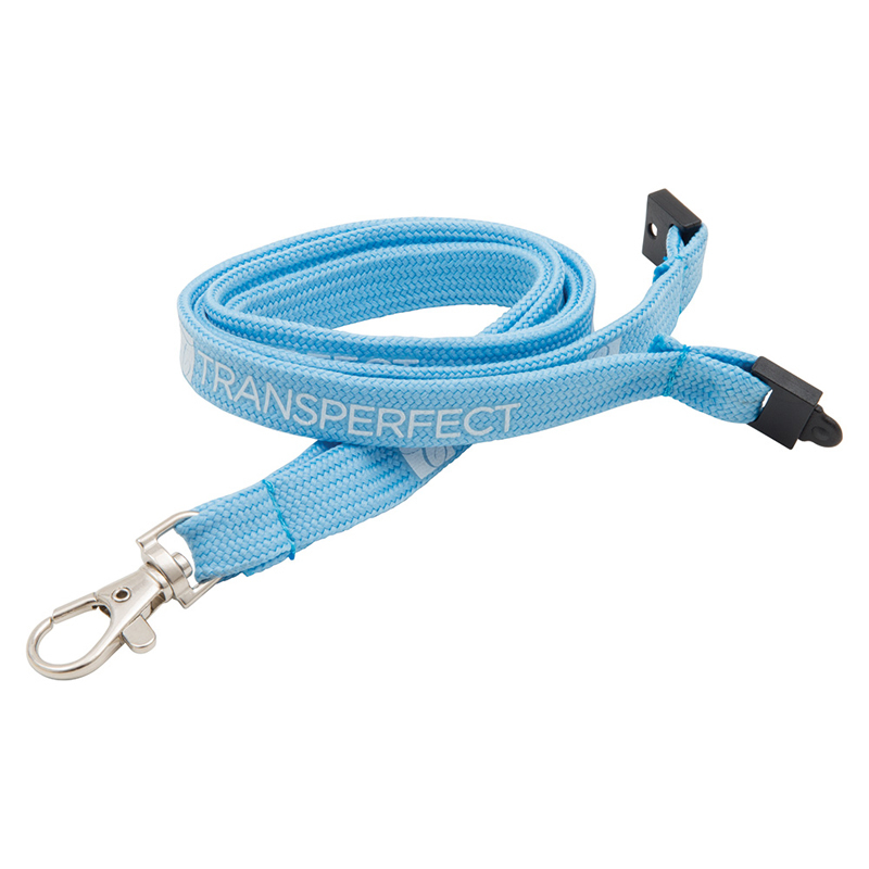 light blue 10mm tubular lanyard with 1 colour branding, black safety break and silver trigger clip