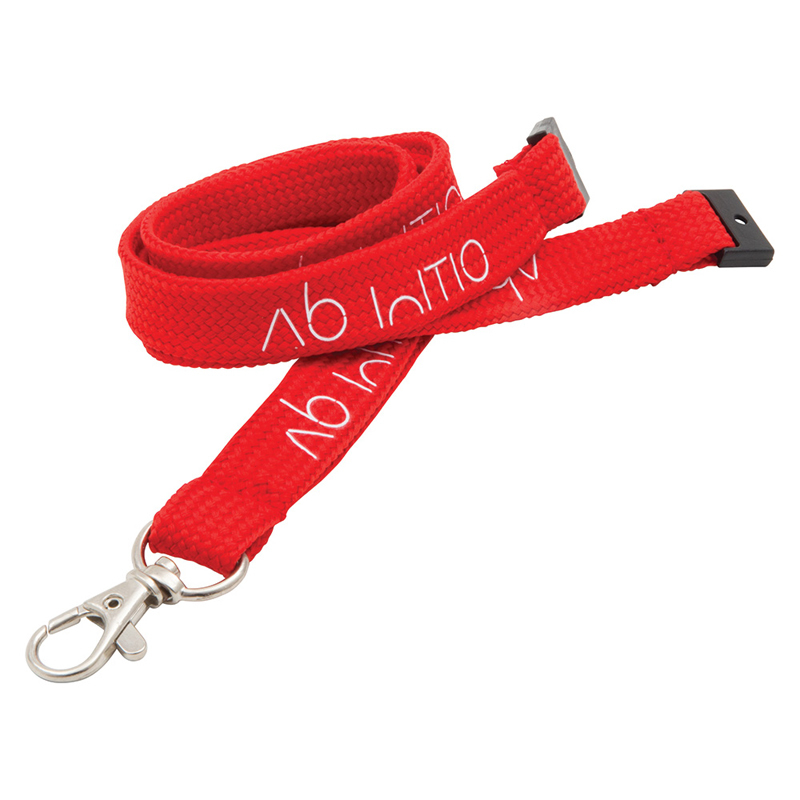 red 10mm tubular lanyard with 1 colour branding, black safety break and silver trigger clip