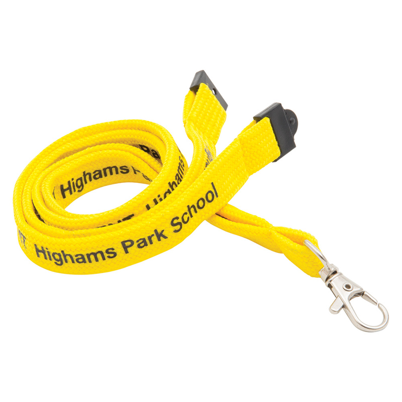 yellow 10mm tubular lanyard with 1 colour branding, black safety break and silver trigger clip
