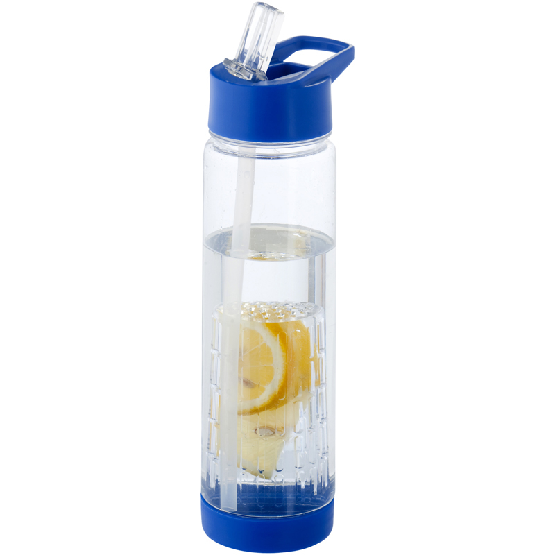 Fruit infuser clear water bottle, blue base and lid and built in straw