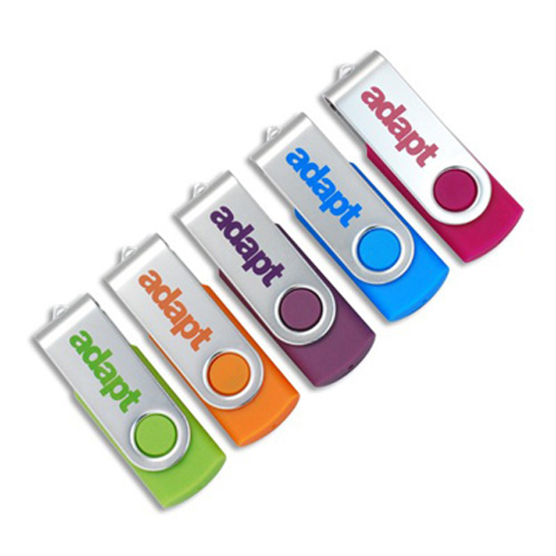 USB twister flash drives in a range of colours, all branded with a company logo