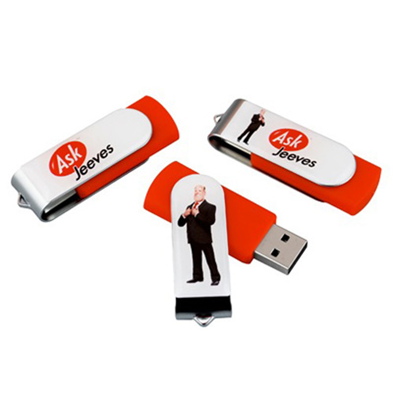 Orange and white twister USB flash drives, printed with a full colour logo