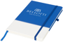 A5 two tone notebook in blue and white with stitching detail and blue ribbon, elastic closure strap and pen loop with 1 colour white print logo