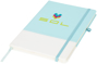 A5 two tone notebook in light blue and white with stitching detail and light blue ribbon, elastic closure strap and pen loop with 3 colour white print logo