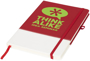 A5 two tone notebook in red and white with stitching detail and red ribbon, elastic closure strap and pen loop with 1 colour white print logo