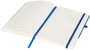 A5 two tone notebook in blue and white with stitching detail and blue ribbon, elastic closure strap and pen loop with 80 lined sheets