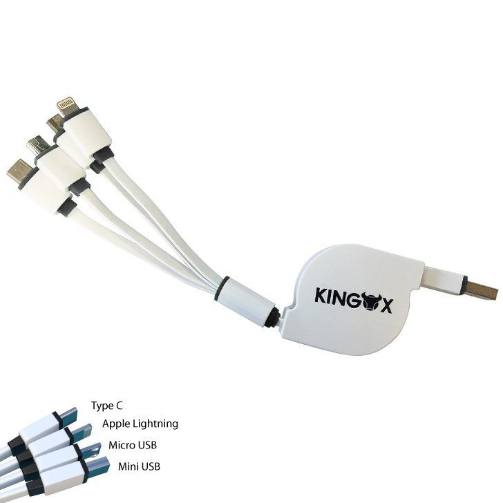 Extendable Multi Charger in white and black with 1 colour print log and showing all 4 types of connectors
