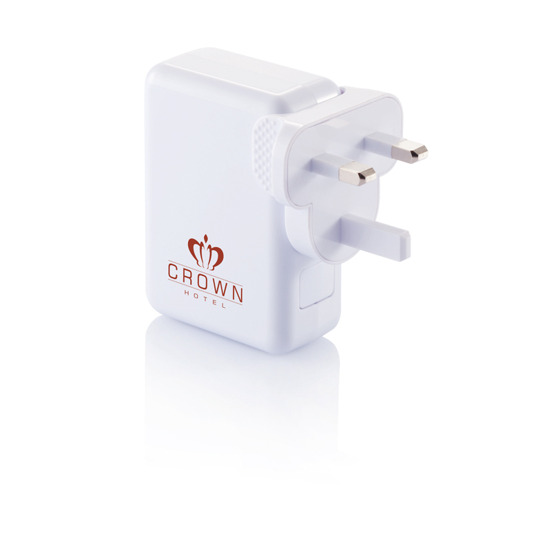 USB Port Travel Plug UK in white with 1 colour print logo