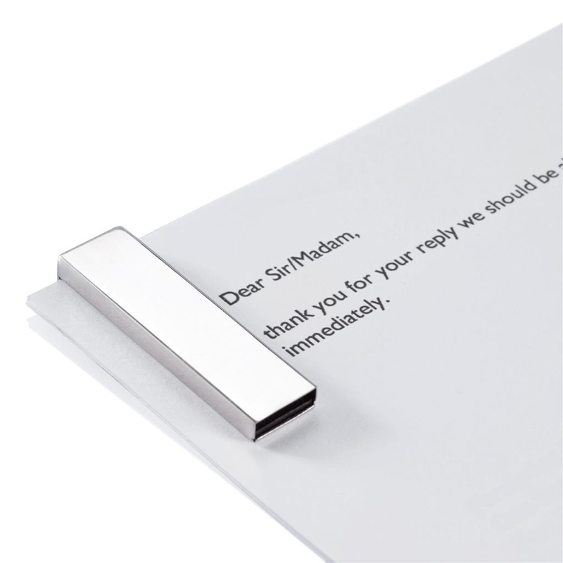 USB stick clip Tag in silver clipped onto paper