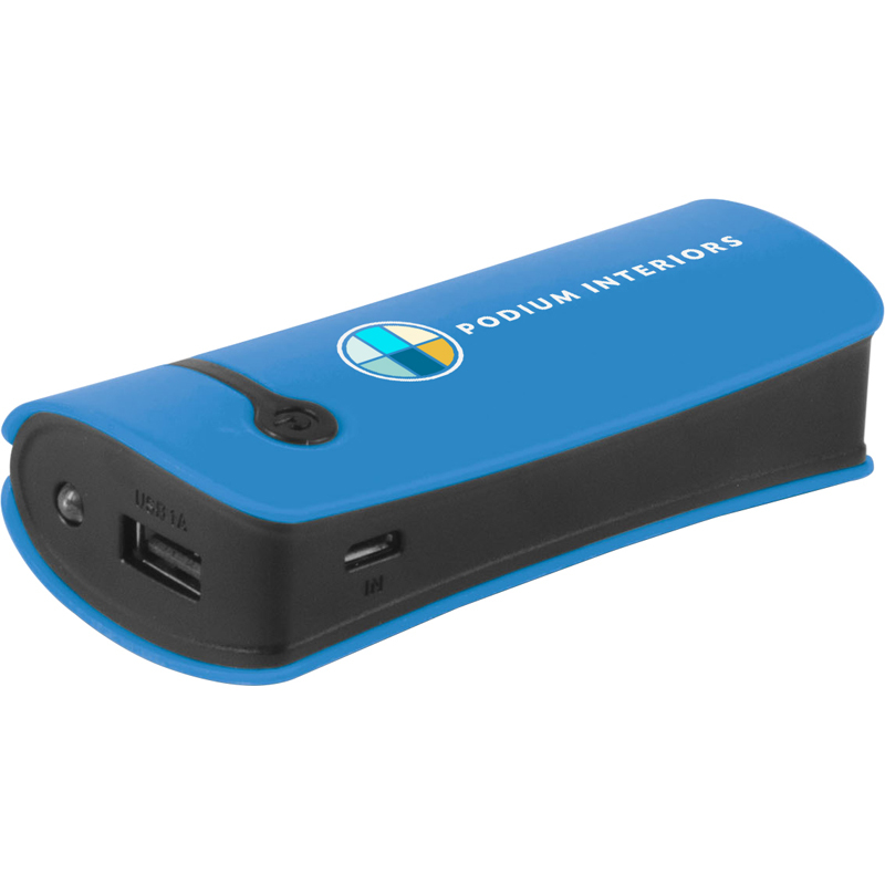 Blue power bank with a printed logo and black trim on the side