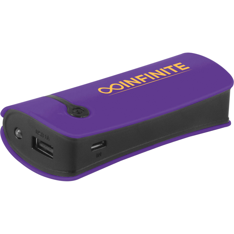 Purple and black promotional power bank to advertise a company