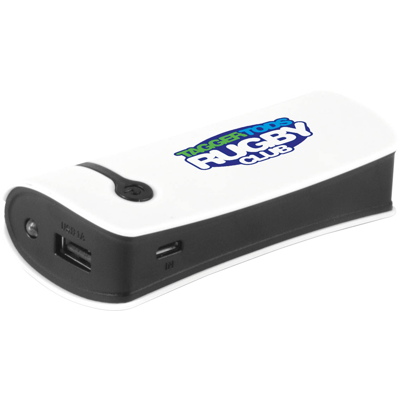 Branded black and white power bank