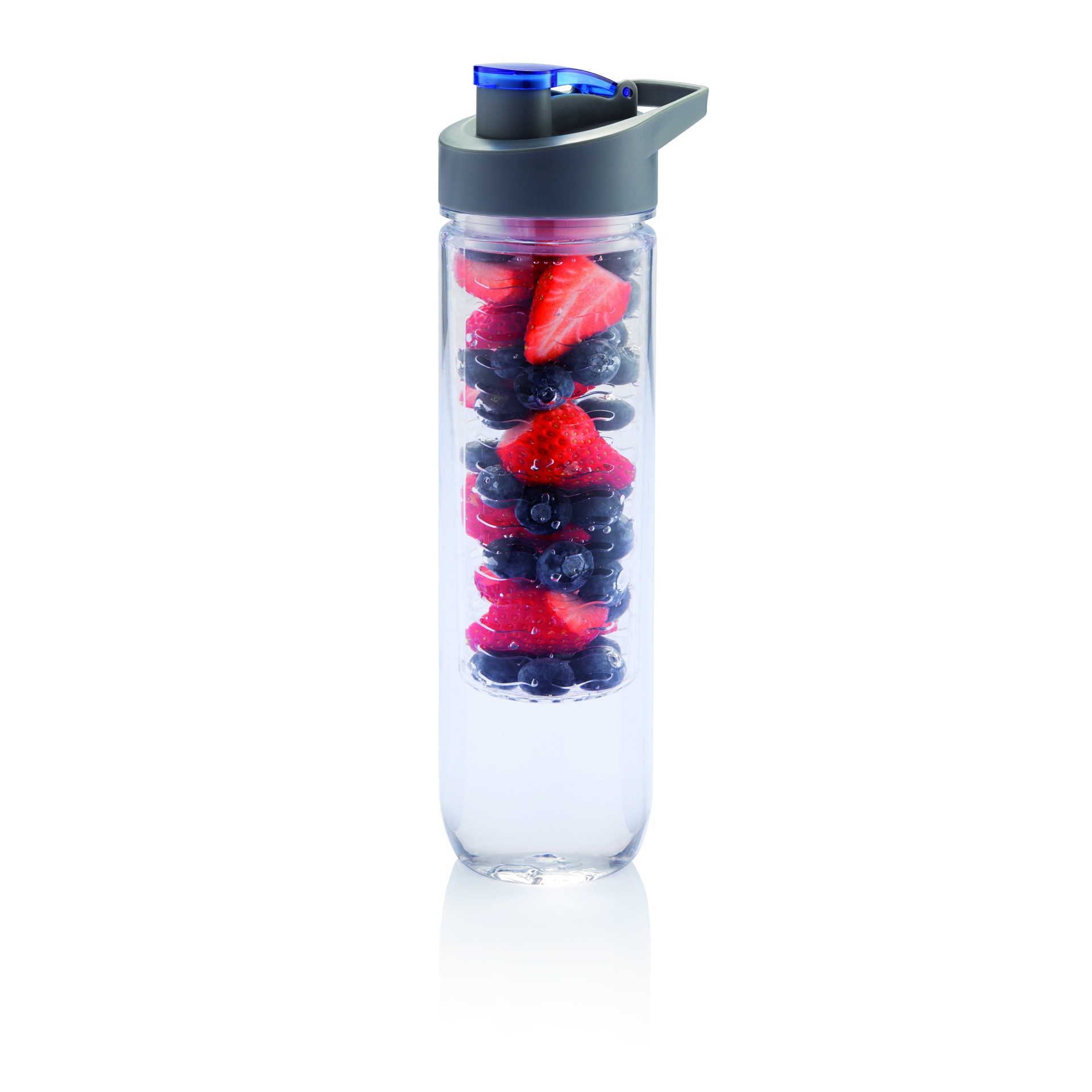 water bottle with fruit infuser and blue sip lid