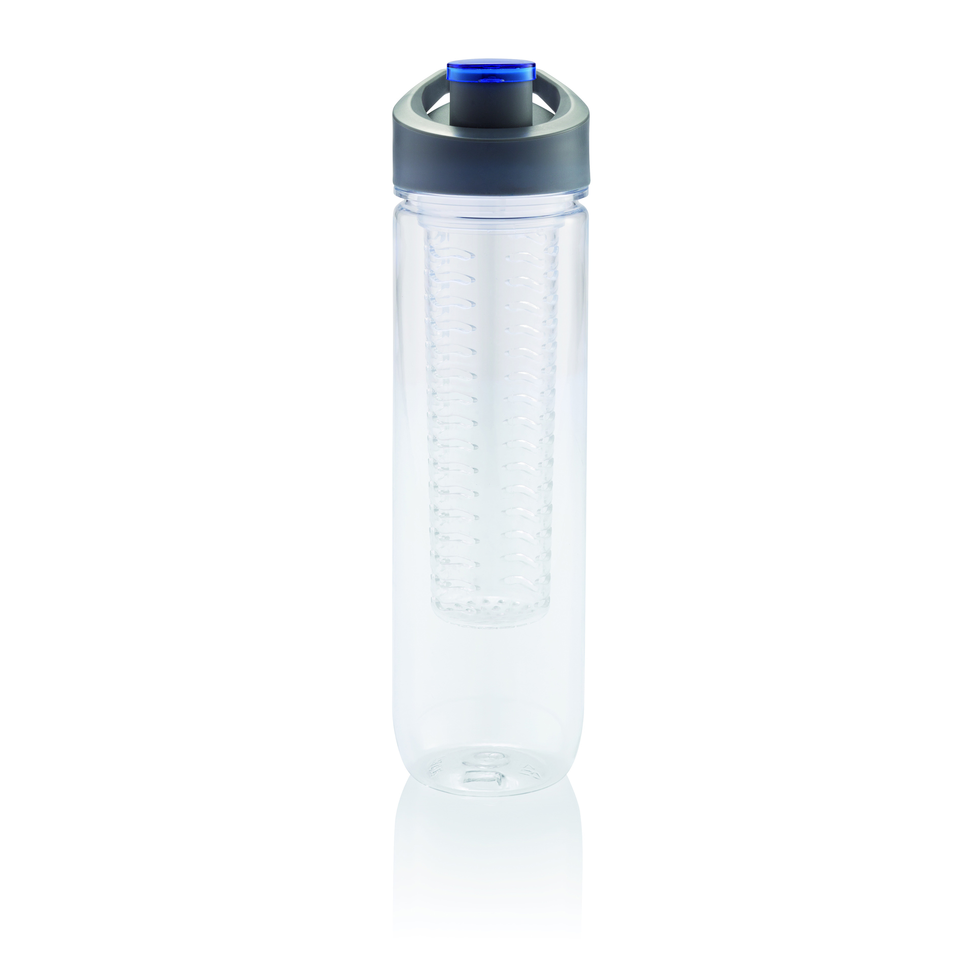 empty water bottle with fruit infuser and blue sip lid