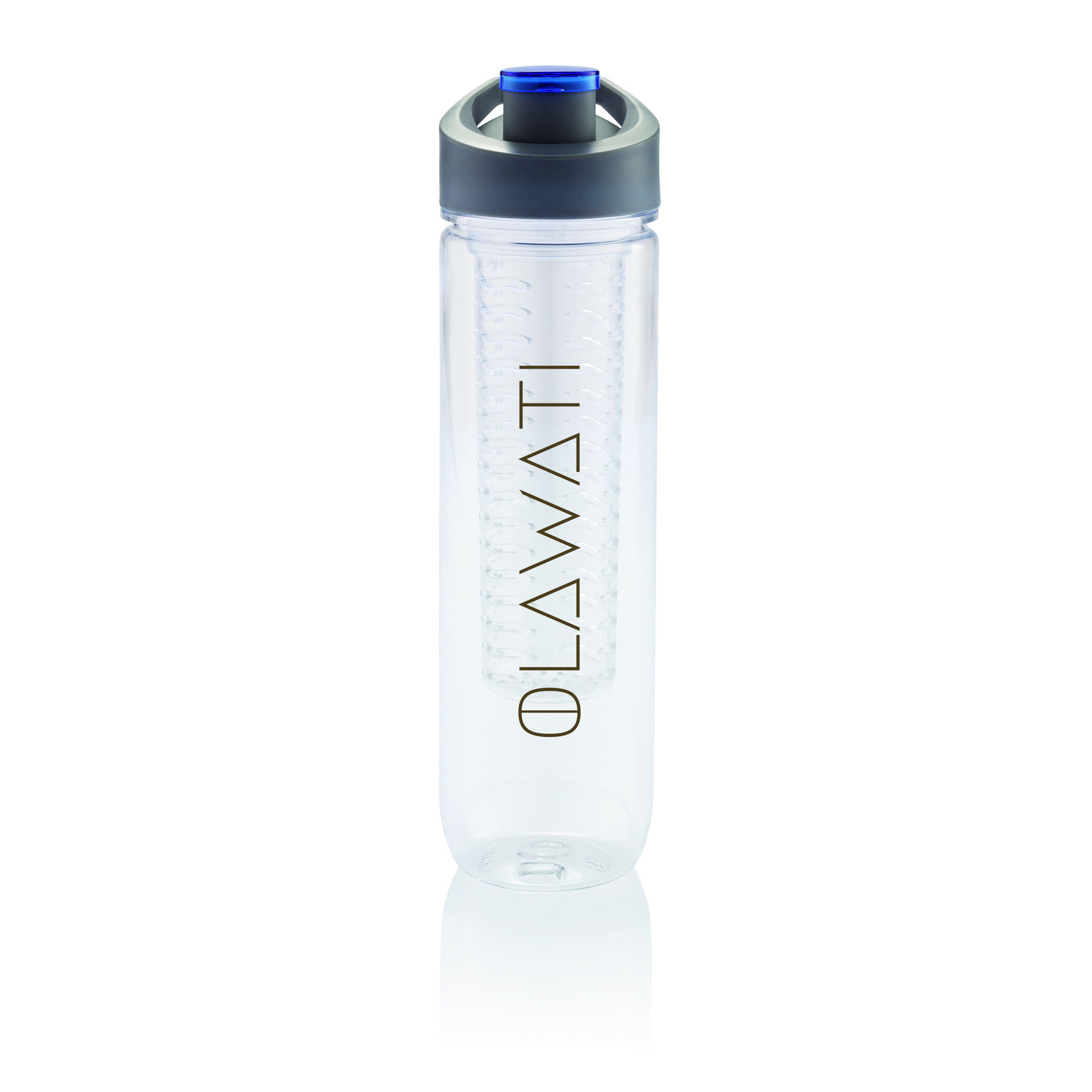 empty water bottle with fruit infuser and blue sip lid and 1 colour corporate branding
