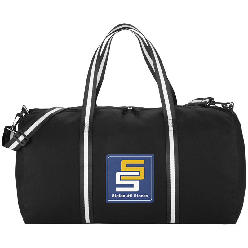 Weekender Duffel Bag in black with black and white straps and 3 colour logo