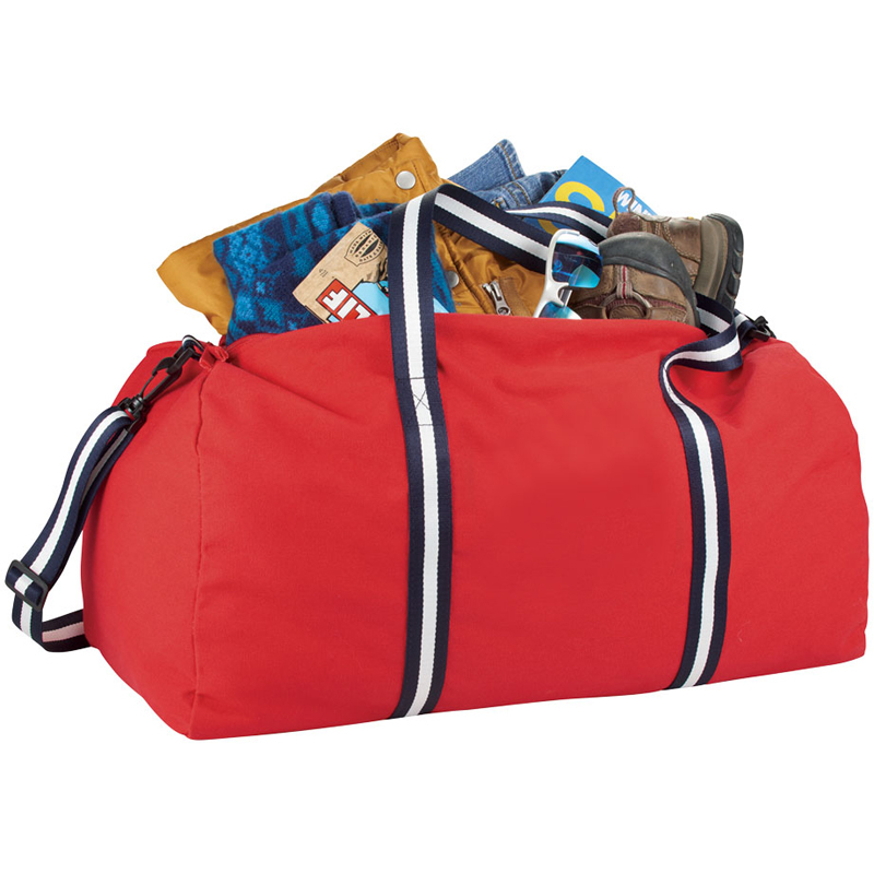 Weekender Duffel Bag in red with navy and white straps showing storage