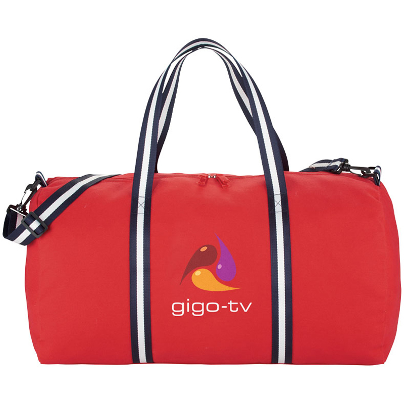 Weekender Duffel Bag in red with navy and white straps with full colour print logo