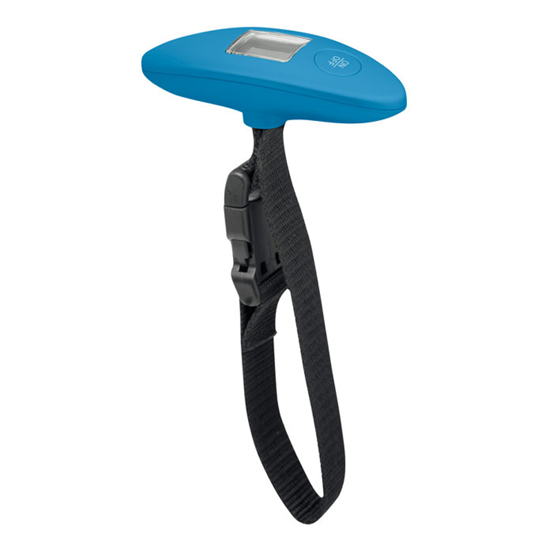 light blue weight scale with black strap