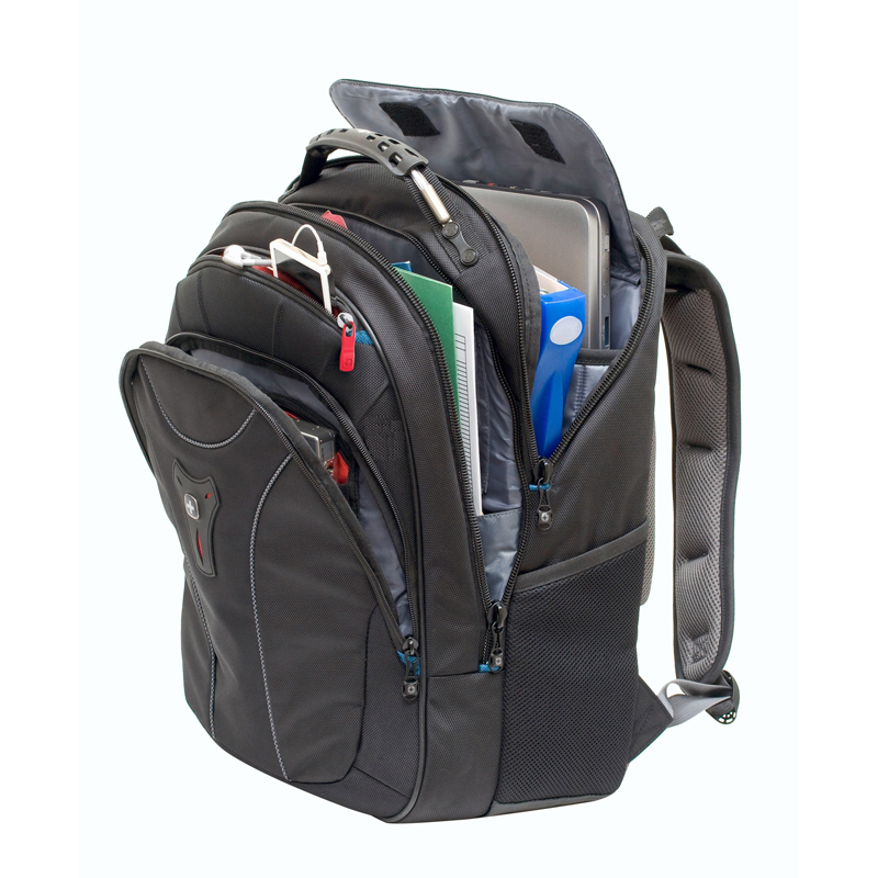 Wenger Carbon Laptop Backpack in black showing different compartments