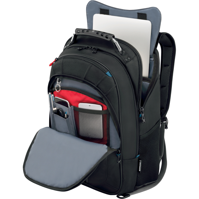 Wenger Carbon Laptop Backpack in black with pockets open