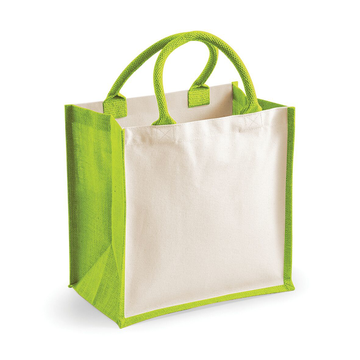 natural jute bag with lime green gusset panels and handles