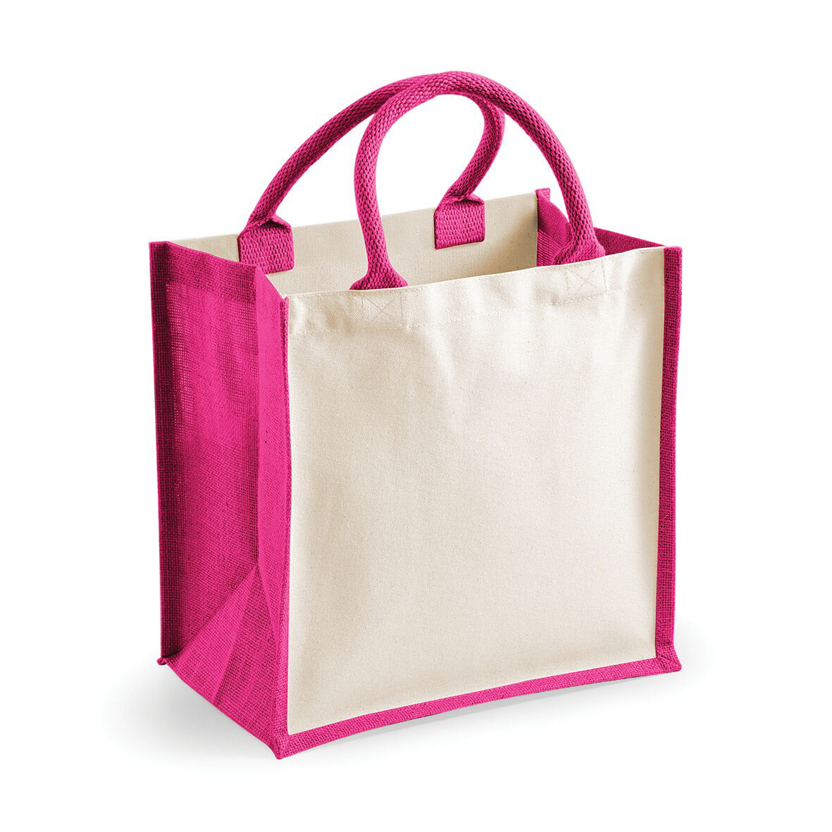 magenta bag with natural jute front panels and short handles