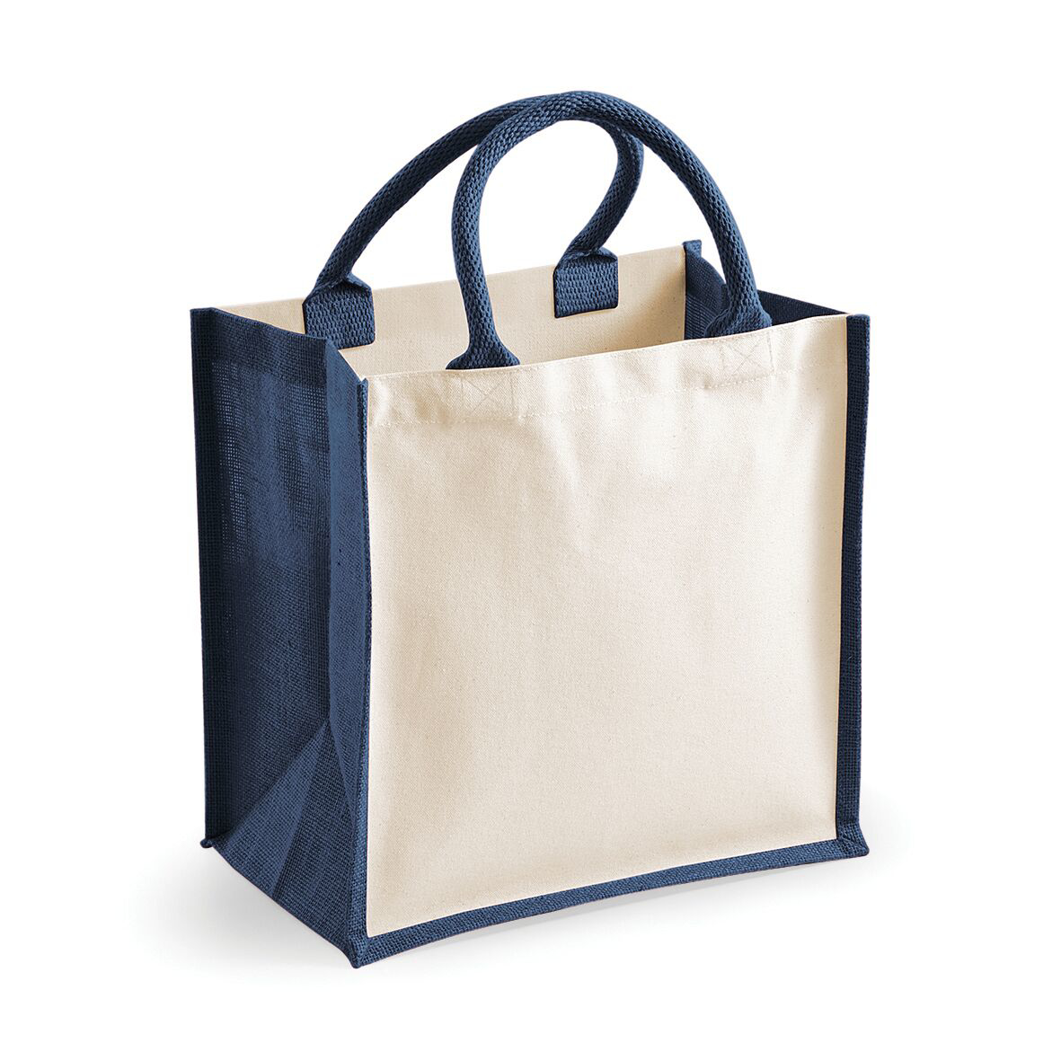 natural jute bag with navy side panels and short handles