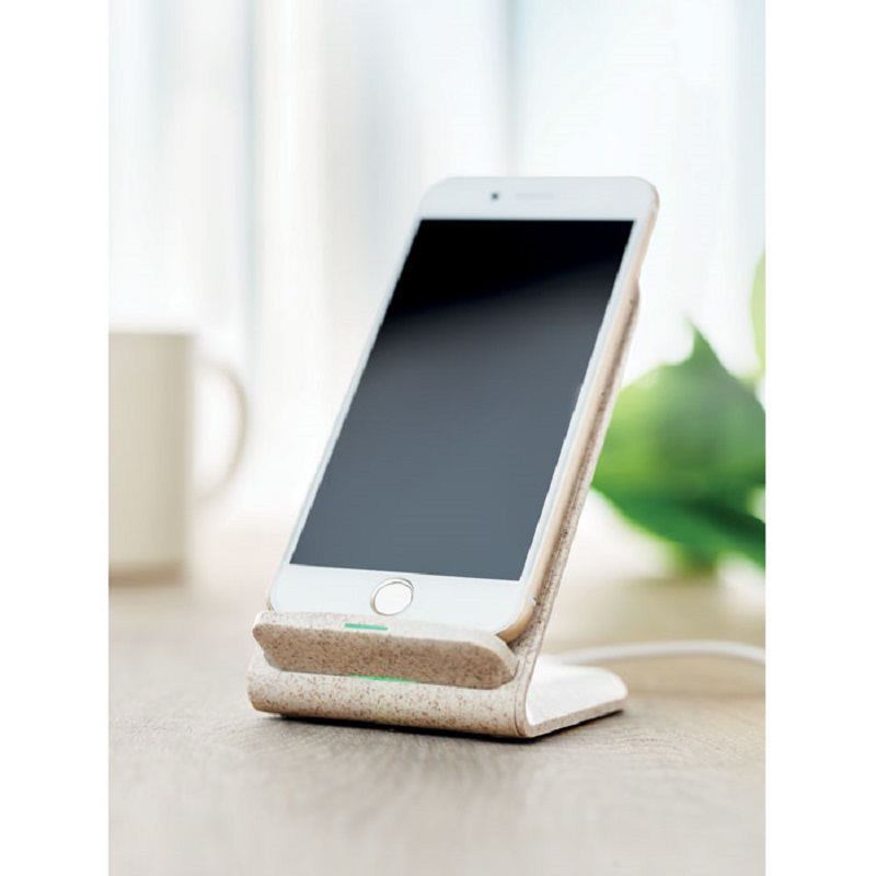 Wheat Straw Wireless Charging Stand in beige with phone on it