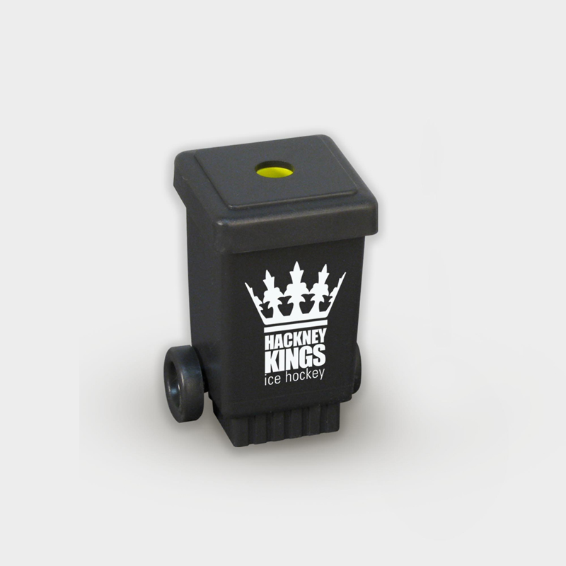 Wheelie Bin Pencil Sharpener in black with 1 colour print logo