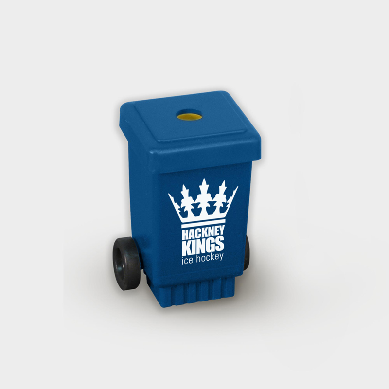 Wheelie Bin Pencil Sharpener in blue with 1 colour print logo