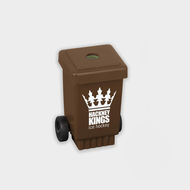 Wheelie Bin Pencil Sharpener in brown with 1 colour print logo