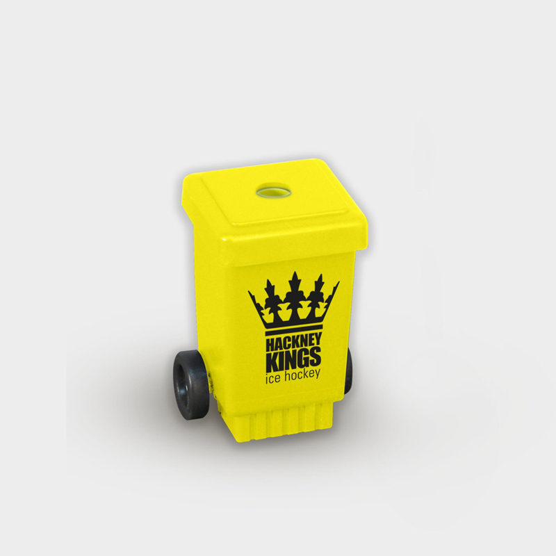 Wheelie Bin Pencil Sharpener in yellow with 1 colour print logo